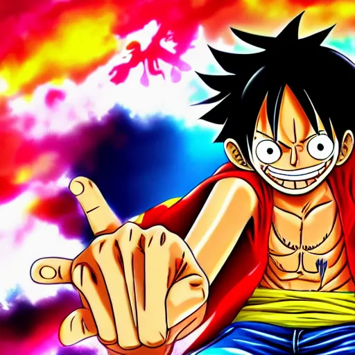 Image similar to monkey d luffy from one piece fighting kaidou, 4 k hd, over saturation, bright colours