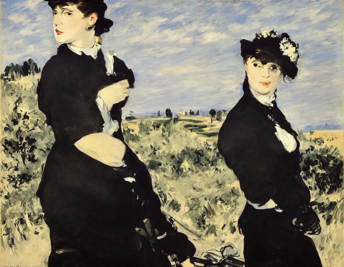 Image similar to edouard manet. a wide portrait of a marie from the side all dressed in black on a motorcycle on a highway looking over her shoulder towards us. blue sky. there is another motorcycle blurred in the background. precise thin brush strokes. expressive. emotional. modern.