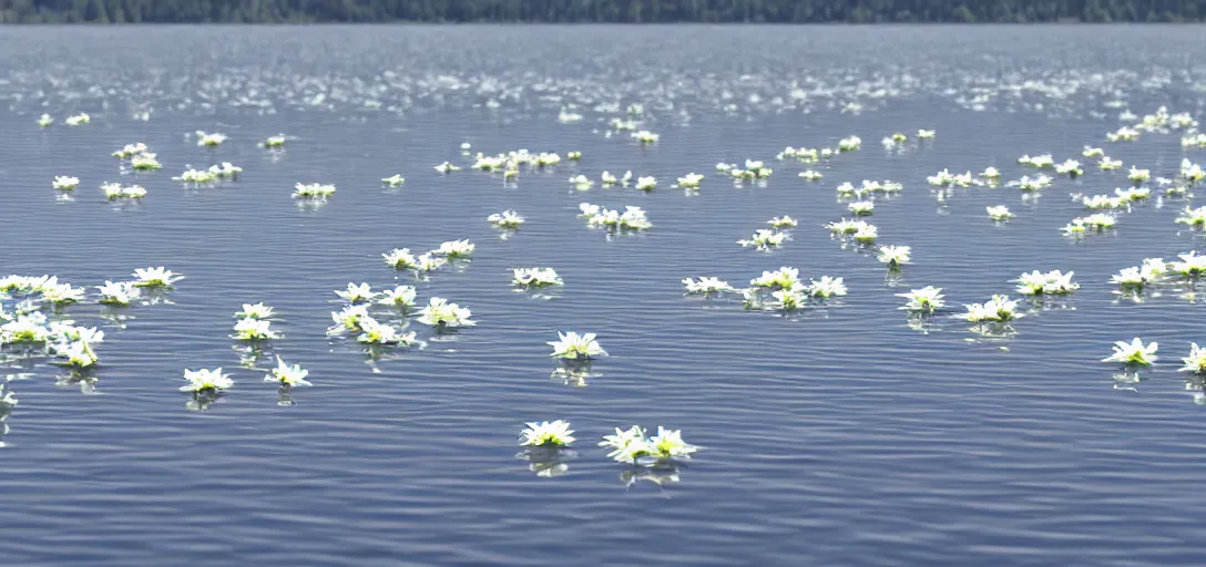 Prompt: lilys floating on a lake, panoramic, concept art, high detail, lake, white flower lily, white petals, gentle, peaceful, beautiful,