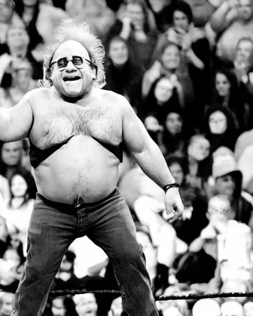 Image similar to danny devito as a wwe wrestler. photographic, photography