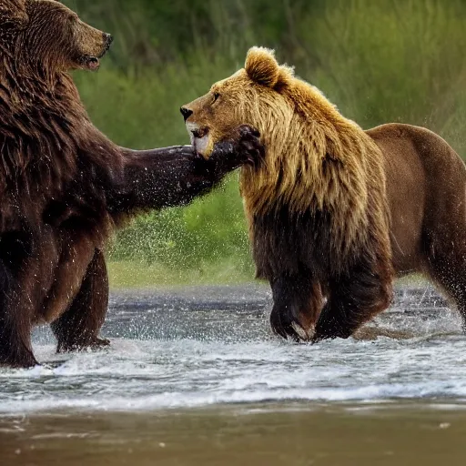 Image similar to a brown bear fighting a lion, professional nature photography, 8k, top image of all time on /r/natureismetal subreddit