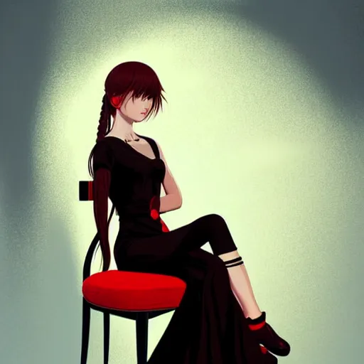 Prompt: beautiful woman with braided brown hair, wearing an elegant dress, and sitting on a chair, highly detailed, painting, red and black color palette, intricate, high quality anime artstyle, in the style of ilya kuvshinov