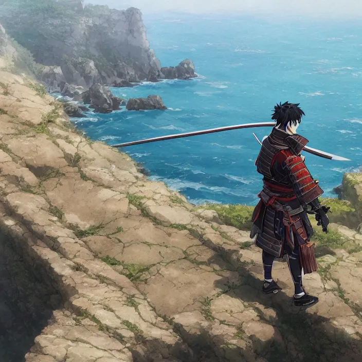 Image similar to an anime still of a ronin samurai standing on the edge of a cliff overlooking the ocean, confident looking, finely detailed features, perfect art, at an ancient castle, trending on pixiv fanbox, painted by greg rutkowski makoto shinkai takashi takeuchi studio ghibli, akihiko yoshida