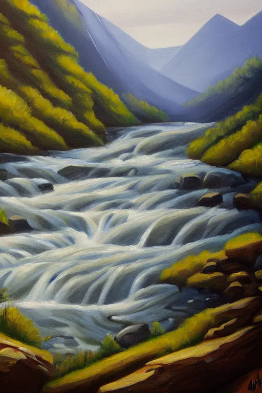 Image similar to mountaintop river flat illustration oil painting trending on artstation