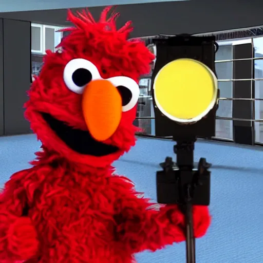 Image similar to CCTV footage of Elmo from Sesame Street with a Glock