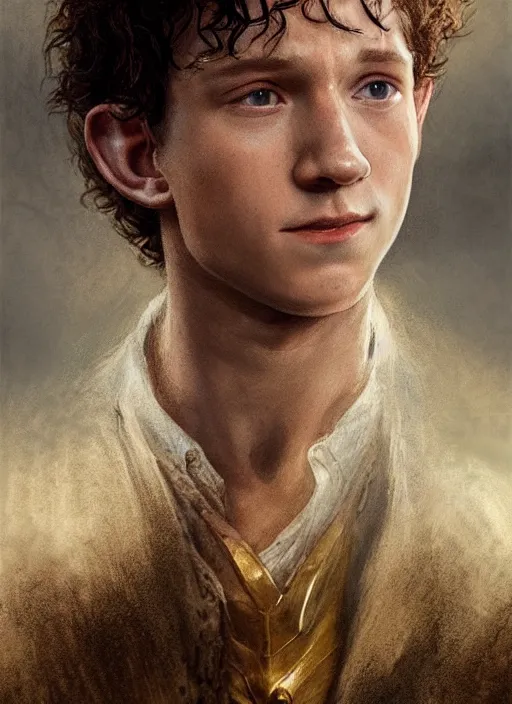 Prompt: portrait of tom holland as frodo, hobbit wearing a gold ring with engravings on his finger, by alan lee, lord of the rings, smooth, detailed terrain, oil painting, matte painting, concept art, trending on artstation, promotional artwork, film still, elegant, photorealistic facial features, intricate, detailed face, cinematic lighting