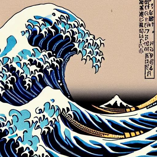 Image similar to detailed illustration, a elderly man surfing in the style of the great wave off kanagawa, surfing, 🏄,