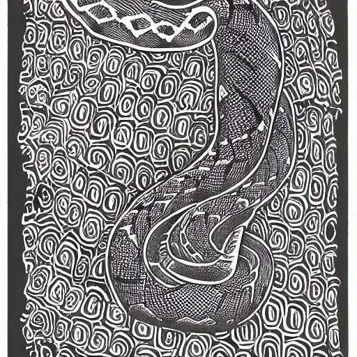 Prompt: block print, snake, detailed 4k illustration, black ink on white paper