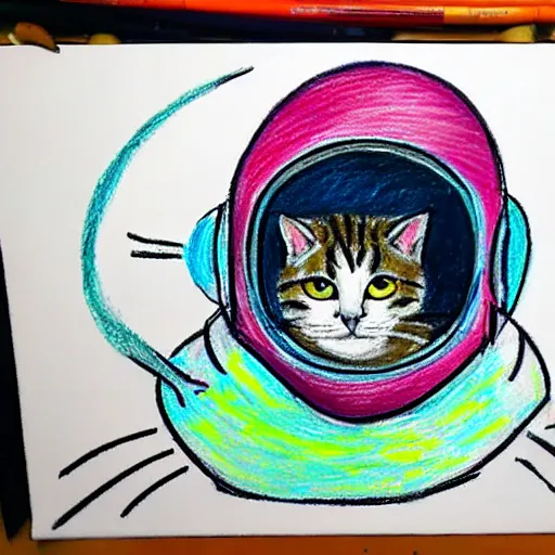 Image similar to An oil pastel drawing of an annoyed cat in a spaceship