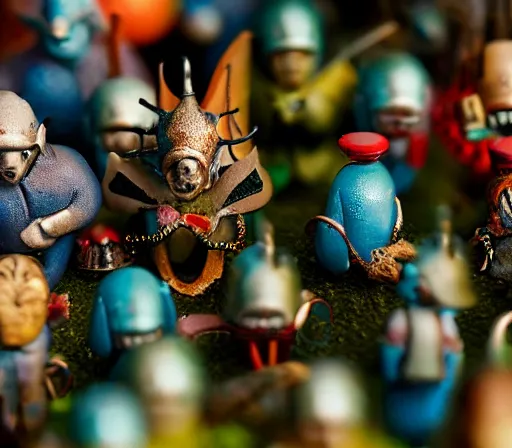 Image similar to miniature figurines of surreal heironymus bosch monsters, close up, detail, tilt shift, product photography