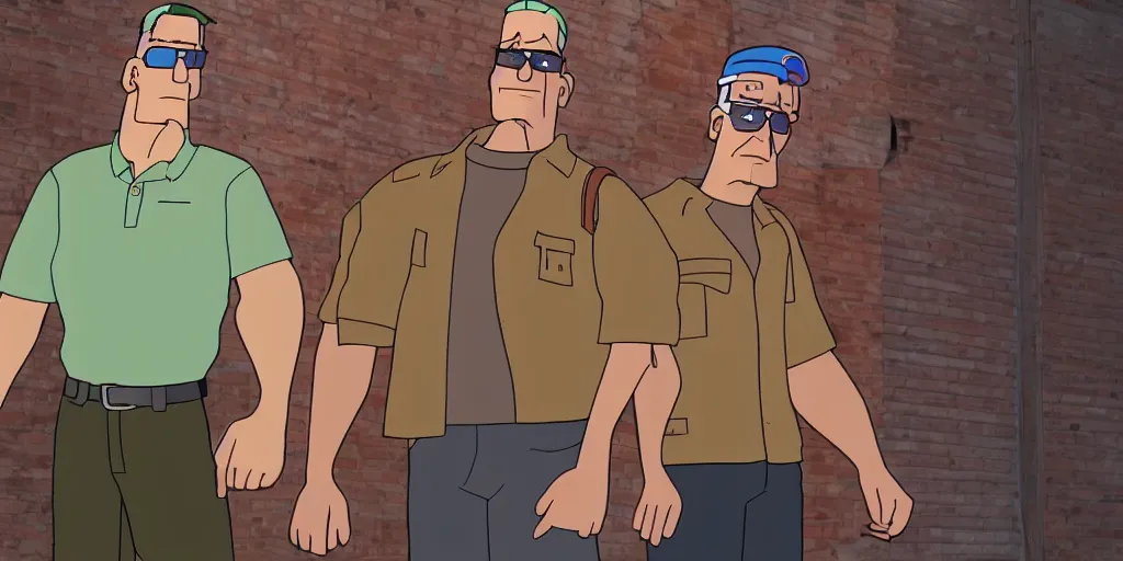 Image similar to Hank Hill and Dale Gribble standing in the alleyway, Pixar Animation style, 4K