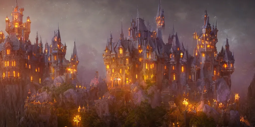 Image similar to a glowing magical fantasy castle at night with grand delicate walkways, extremely detailed oil painting, unreal 5 render, fantasy digital art, octane render, beautiful composition, trending on artstation, award-winning photograph, masterpiece