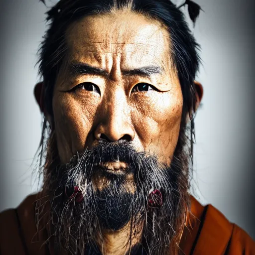 Image similar to stunning beautiful portrait photography of a face detailing middle aged samurai from national geographic magazine award winning, dramatic lighting, taken with Sony alpha 9, sigma art lens, medium-shot