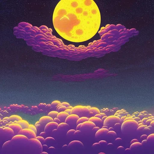 Prompt: harvest moon floating on cosmic cloudscape full of luminous fireflies, futurism, dan mumford, victo ngai, kilian eng, da vinci, josan gonzalez - h 8 9 6