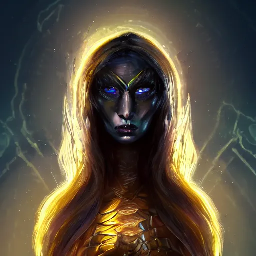 Image similar to dark art, Hot reptile humanoid woman, wearing armor, long blue hair, glowing yellow eyes, dark world, futuristic, digital art, artstation, concept art, 4k, 8k