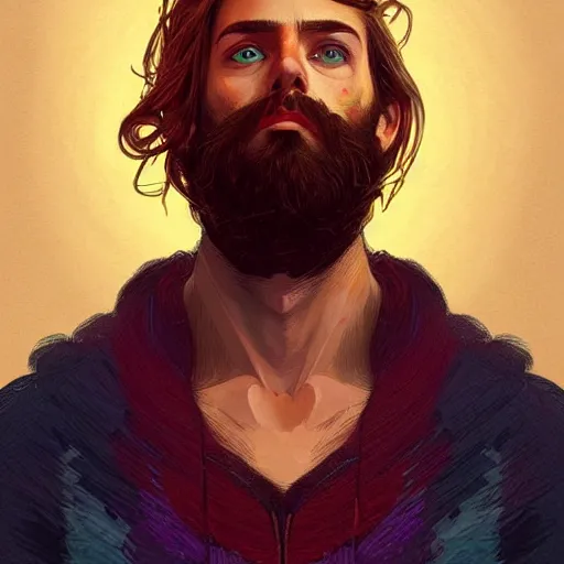 Image similar to Heartbreak, handsome, colorful, beard, long hair, male, dramatic lighting, face, upper body, detailed, intricate, elegant, highly detailed, digital painting, artstation, concept art, smooth, sharp focus, illustration, art by Sam Spratt, Dan Mumford, Artem Demura and Alphonse Mucha