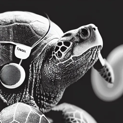 Image similar to turtle with headphones singing in music studio