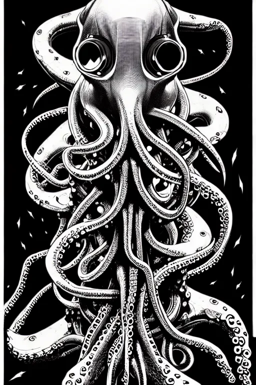 Image similar to cyberpunk octopus sitting on pile of skulls, high details, bold line art, by vincent di fate and joe fenton, inking, etching, screen print, masterpiece, trending on artstation, sharp, high contrast, hyper - detailed, hd, 4 k, 8 k
