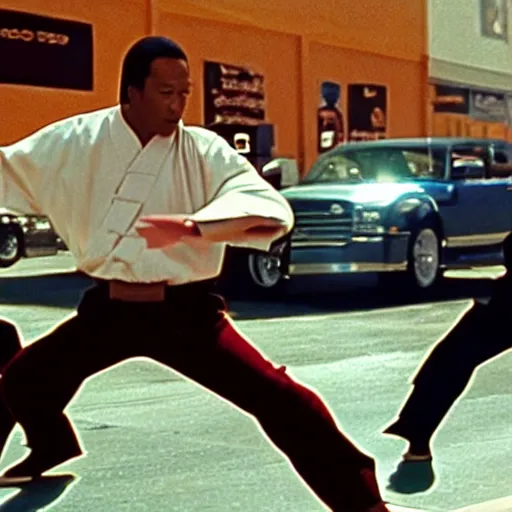 Prompt: film still of Los Angeles Kung-Fu squad (2012). Boss villian action chase scene. Sigma 85mm f/8