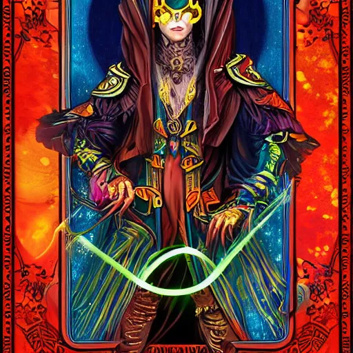 Image similar to digital tarot card painting of a powerful warlock, hyperdetailed, vivid colors, beautiful, magic spell, trending on Artstation