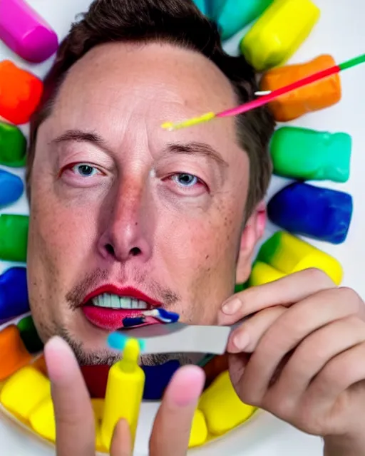 Image similar to a man eating crayons with a fork, box of wax pastels, elon musk, 4 k, high quality, crayons served on a plate