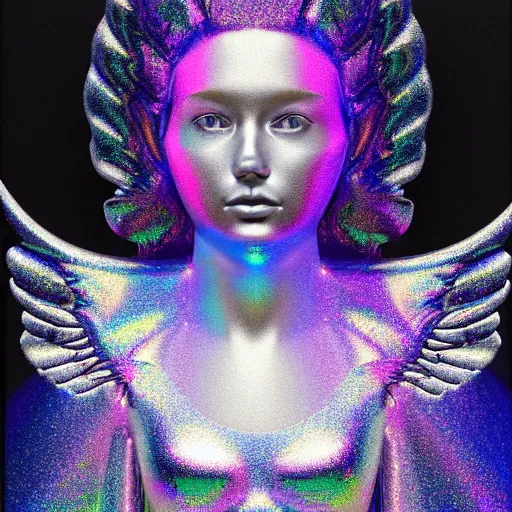 Prompt: highdetailed hyperrealistic painting of silver holographic angel in the hood lightning hands with silver sparkles!!!, giant silver ball on the chest!!!!!, 4 k hd fur face!!!, big wings, by jan van eyck, holography space, white sparkles everywhere, thin strokes, white monochrome color!!!!!, hyperrealism textures