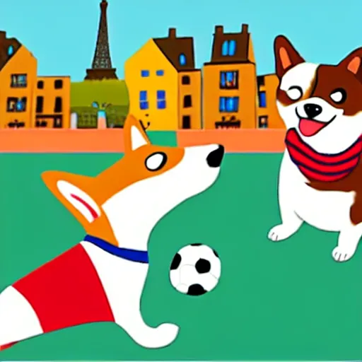 Image similar to illustration of boy playing football with a corgi wearing a polkadot scarf on the streets of paris