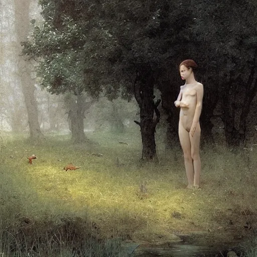 Image similar to a young deer sniffing an old yard nome standing by a pond. illustration, art by greg rutkowski and bouguereau and Zdzislaw Beksinski