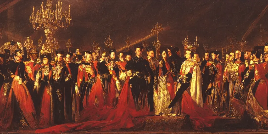 Prompt: Empress Sisi in a group of angry peasants at night, epic lighting