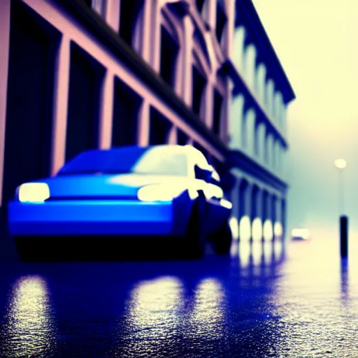 Prompt: blue car, street, rain, sun. super realistic 8 k render of a dark hooded powerful elegant, cinematic composition