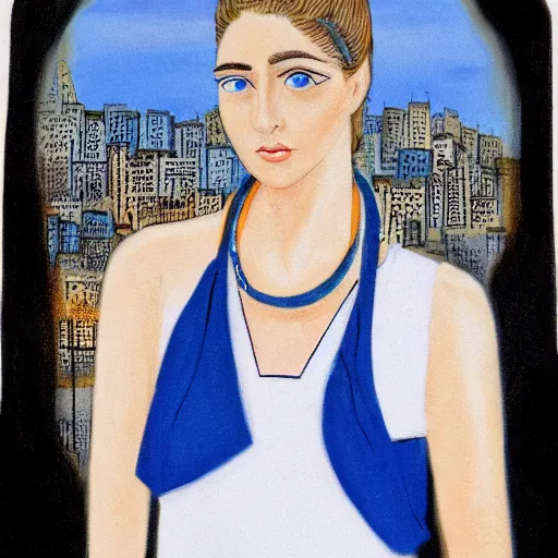 Image similar to A beautiful performance art of a young woman with big blue eyes. She has long lashes and a small mouth. Her hair is pulled back in a bun with a few stray hairs falling down. She's wearing a white dress with a blue sash and a blue scarf around her neck. In the background is a cityscape with tall buildings. Ancient Roman, jet black by J.M.W. Turner, by Otto Dix colorful