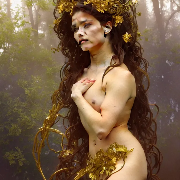 Image similar to portrait of gaea goddess with thin gold tendrils, intricate, elegant, highly detailed, digital painting, artstation, concept art, smooth, sharp focus, illustration, art by artgerm and greg rutkowski and alphonse mucha and william - adolphe bouguereau