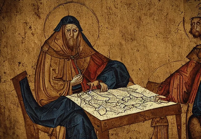 Prompt: “sinister image, medieval painting, top side view of powerful sitting at a table with a map, digital art, award winning, 4k”