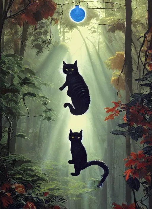 Image similar to a hyper realistic ink cat alien technology and sunbeams blue sky, lush forest foliage painting by chiara bautista and norman rockwell and greg rutkowski weta studio, and lucasfilm