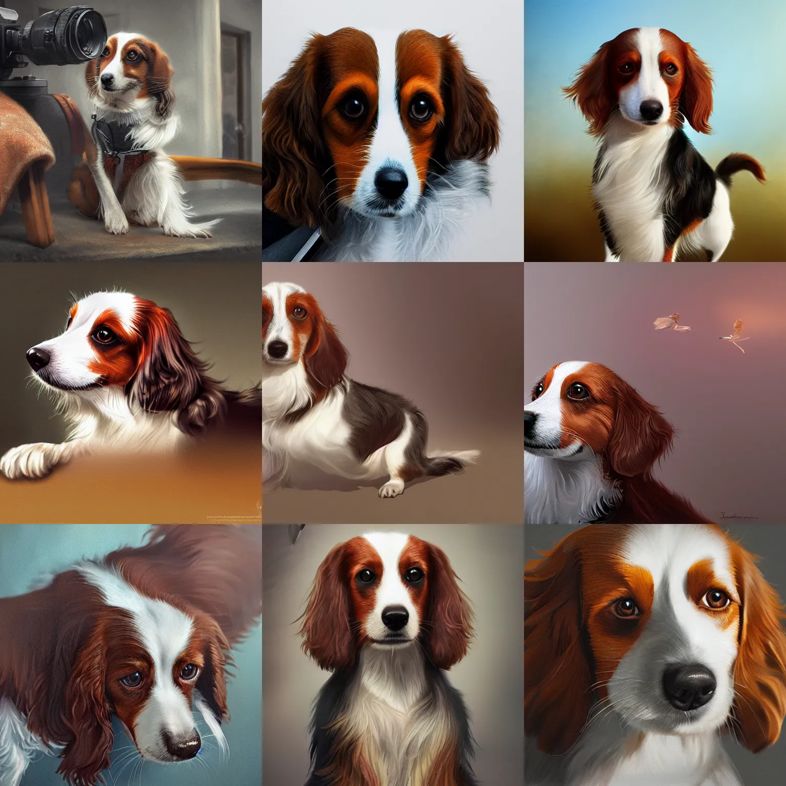 Prompt: a kooikerhondje using a camera on a movie set, artstation, by Sakimichan, intricate, elegant, highly detailed, digital painting, smooth, sharp focus