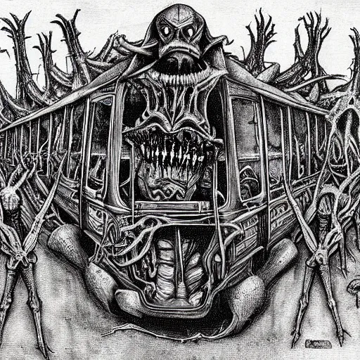 Prompt: an evil, horrific, cosmic, grotesque school bus full of tortured souls. it is traveling down the highway to hell. h. r. giger, h. p lovecraft, surrealism, highly detailed