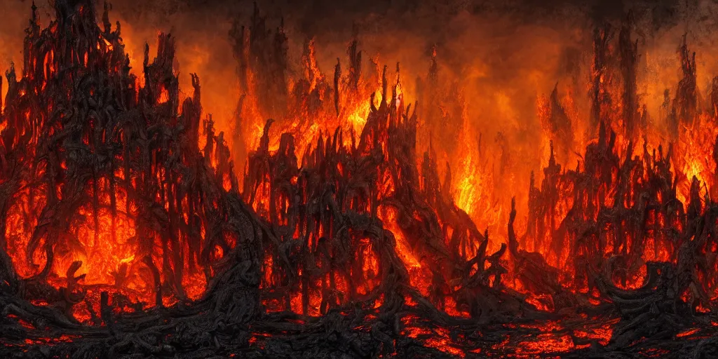 Image similar to a disturbing temple of the undead, grimdark feeling of horror, fire and lava, in psychodelic style of Midjourney, stylized, 8k high details, detailed and intricate, elegant, ornate, horror, elite, ominous, haunting, beautiful digital painting, cinematic, cgsociety, artstation, octane render, 8k, unreal engine