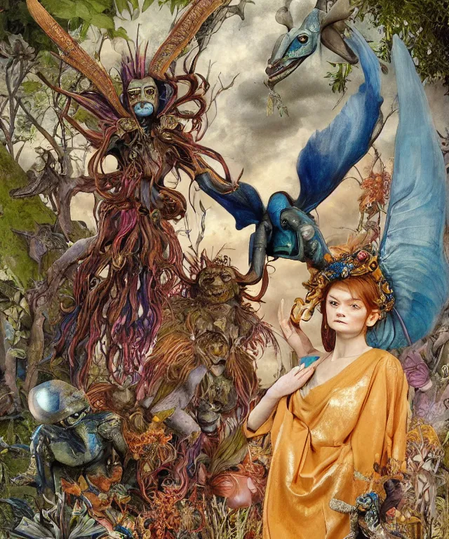 Image similar to a portrait photograph of a meditating fierce sadie sink as a colorful harpy antilope super villian with amphibian blue skin. her body is transformed into an alien beast. by donato giancola, hans holbein, walton ford, gaston bussiere, peter mohrbacher and brian froud. 8 k, cgsociety, fashion editorial