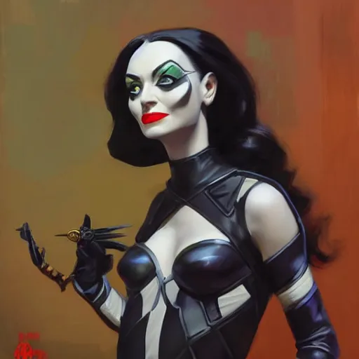 Prompt: greg manchess portrait painting of partially armored morticia from addams family as overwatch character, medium shot, asymmetrical, profile picture, organic painting, sunny day, matte painting, bold shapes, hard edges, street art, trending on artstation, by huang guangjian and gil elvgren and brom