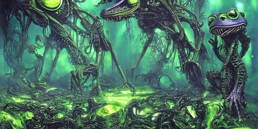 Image similar to ”alien world with psychedelic frogs, beautiful, volumetric lighting, by hr giger”