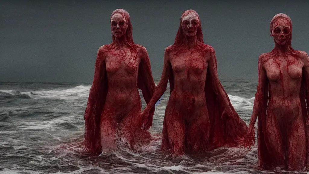 Prompt: close up photo of Helen McCrory and Annabelle Wallis coming out of the ocean, extreme detailed face, a blood portal on the background, film still from the movie directed by Denis Villeneuve with art direction by Zdzisław Beksiński, wide lens