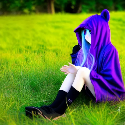 Prompt: A cute young real life 3D anime girl with very long blueish lavender hair, wearing a black reaper hood with shorts, bloody scythe sat next to her foot, sitting on one knee in a large grassy green field, shining golden hour, she has detailed black and purple anime eyes, extremely cute anime girl face, she is happy, childlike, little kid, black anime pupils in her eyes, Haruhi Suzumiya, Umineko, Lucky Star, K-On, Kyoto Animation, she is smiling and happy, sitting on one knee on the grass, chibi style, extremely cute, she is smiling and excited, her tiny hands are on her thighs, she has a cute expressive face