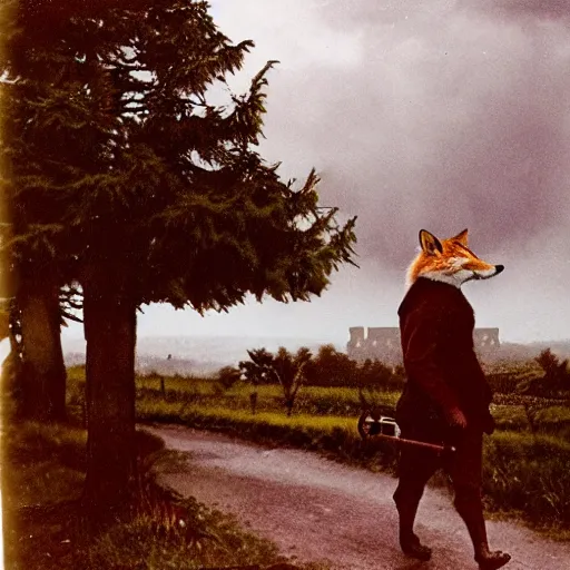 Image similar to anthropomorphic fox!! who is a me - dieval knight holding a swo - rd towards a stormy thundercloud [ 1 9 3 0 s film still ], ( castle in the background )