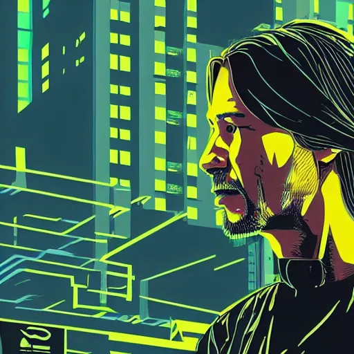 Image similar to Illustrated by Shepard Fairey and H.R. Geiger | Cyberpunk Keanu Reevse with VR helmet, surrounded by cables