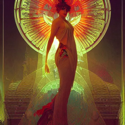 Image similar to the solarpunk phoenix, red bird, volumetric light, bokeh, painting by greg rutkowski by alphonse mucha