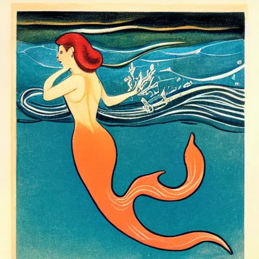 Prompt: A beautiful conceptual art of a mermaid swimming in the ocean. Her long, flowing hair streams behind her as she gracefully navigates the water. A coral reef and colorful fish can be seen in the background. Archean by Leonetto Cappiello