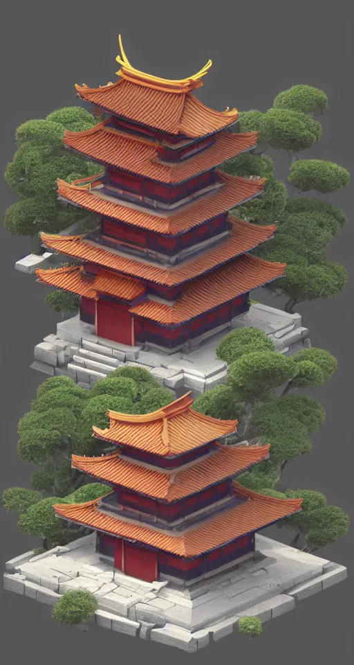 Image similar to isometric japanese temple with full blood-moon behind the top, trending on artstation, 3D render, unreal engine 5