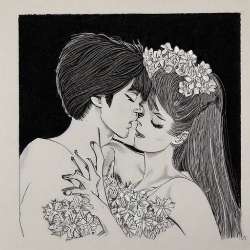 Image similar to 1 9 6 0 s drawing symmetrical pretty elegant brigitte bardot as a vampire kissing alain delon, very detailed intricate intaglio, style of takato yamamoto, lots of flowers