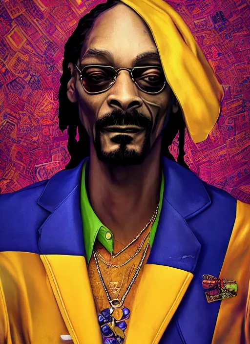 Image similar to snoop dogg is the joker, hyper detailed, digital art, trending in artstation, cinematic lighting, studio quality, smooth render, unreal engine 5 rendered, octane rendered, art style by klimt and nixeu and ian sprigger and wlop and krenz cushart.