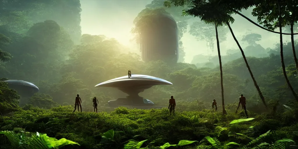 Prompt: a huge futuristic rusty old alien spaceship, next to it a smaller exploration ship on a landing pad, surrounded by a lush alen jungle, in the foreground two explorers are arguing and small animals! are walking around, dawn, volumetric light, hyperdetailed, artstation, cgsociety, 8k